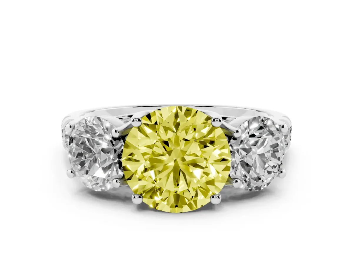 Fancy Yellow Round Cut Diamond Three-Stone Ring Set in Platinum with Pavé Band