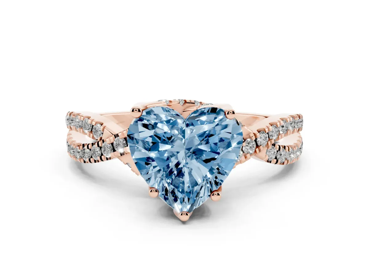 Fancy Blue Heart Cut Diamond Twist Pavé Solitaire Engagement Ring Set in Rose gold with Prong Setting