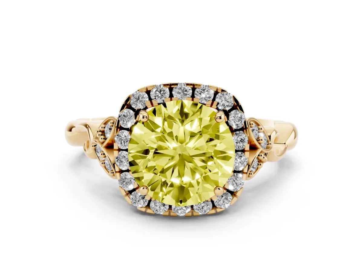 Fancy Yellow Round Cut Diamond Halo Engagement Ring Set in Yellow gold with Vintage-Inspired Band and Prong Setting