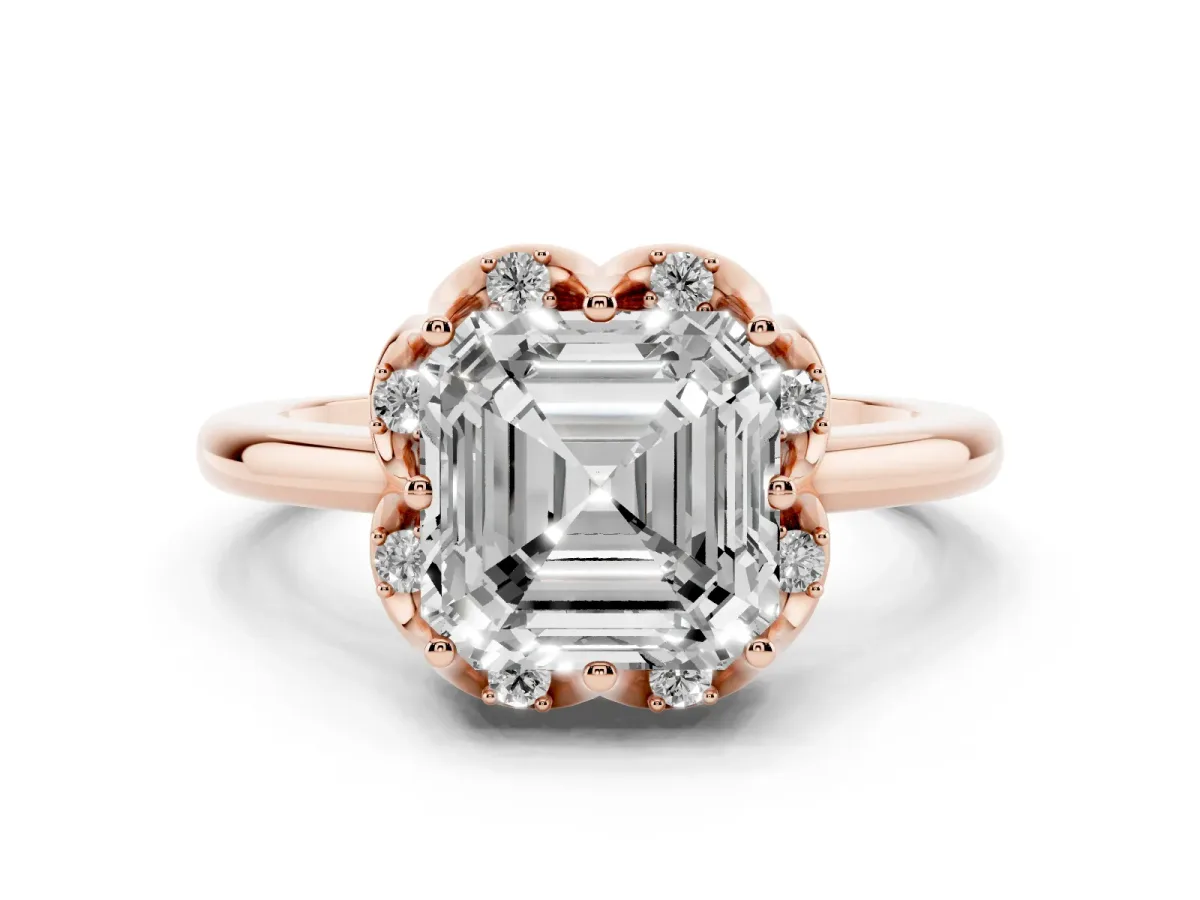 Asscher Cut Diamond Round Cluster Halo Ring Set in Rose gold with Solitaire Band and Prong Setting