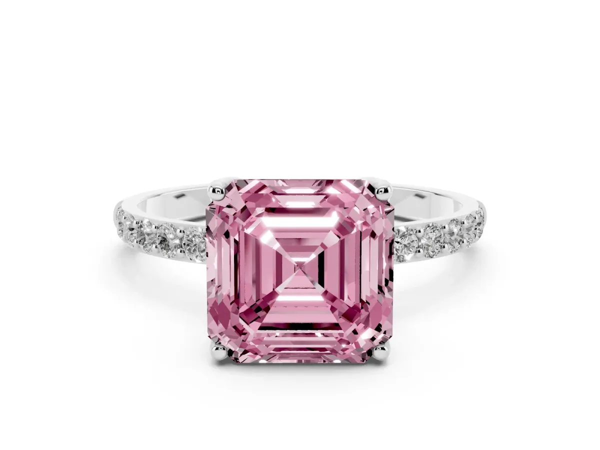 Fancy Pink Asscher Cut Diamond Solitaire Engagement Ring Set in Silver with Round Pavé Band and Prong Setting
