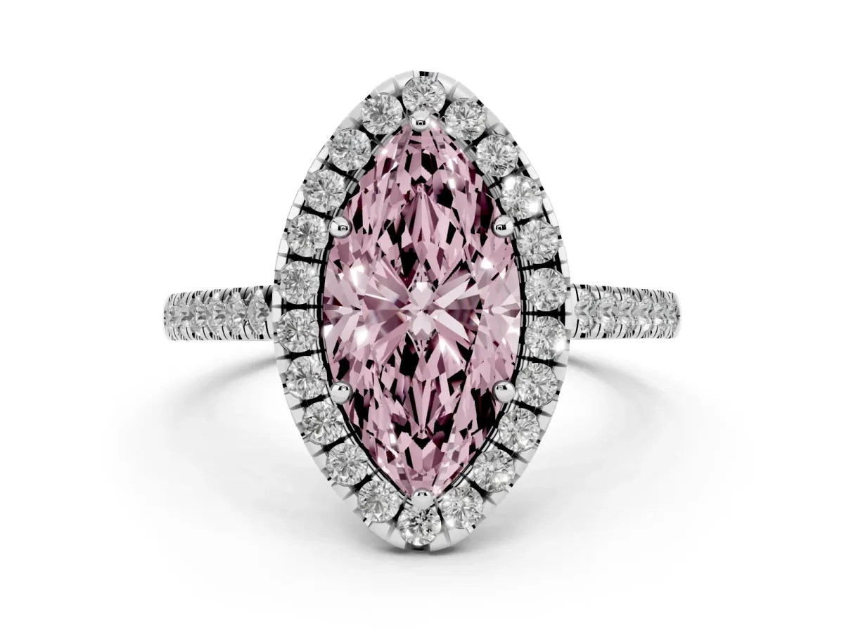 Fancy Pink Marquise Cut Diamond Pavé Halo Engagement Ring Set in Platinum with Pavé Band and Prong Setting