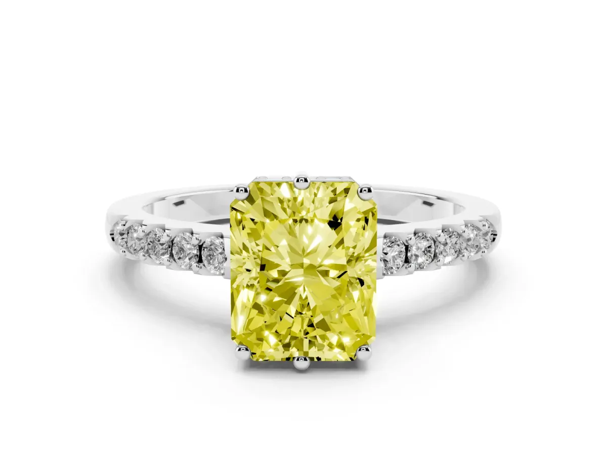 Fancy Yellow Radiant Cut Diamond Solitaire Engagement Ring Set in White gold with Pavé Band and Prong Setting