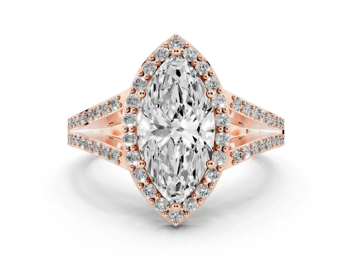 Marquise Cut Diamond Halo Split Shank Pavé Ring Set in Rose gold with Prong Setting