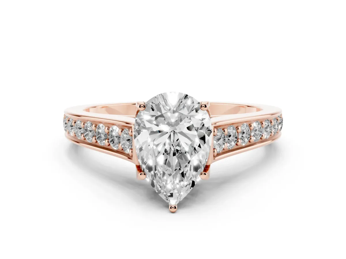 Pear Cut Diamond Solitaire Pavé Engagement Ring Set in Rose gold with Prong Setting