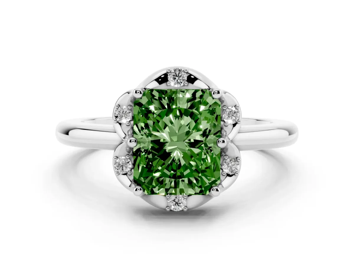 Fancy Green Radiant Cut Diamond Round Cluster Halo Ring Set in Platinum with Solitaire Band and Prong Setting