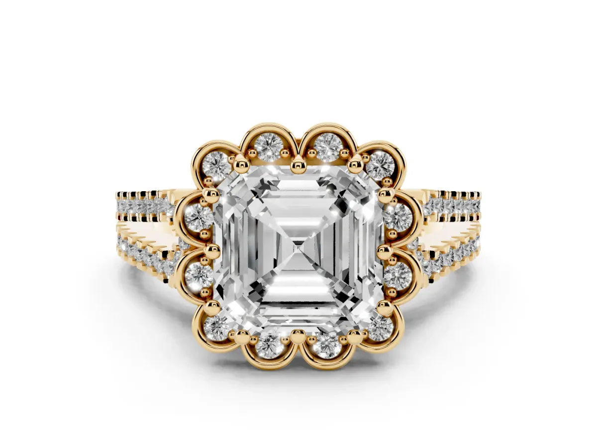 Asscher Cut Diamond Floral Halo Split Shank Engagement Ring Set in Yellow gold with Pavé Shank