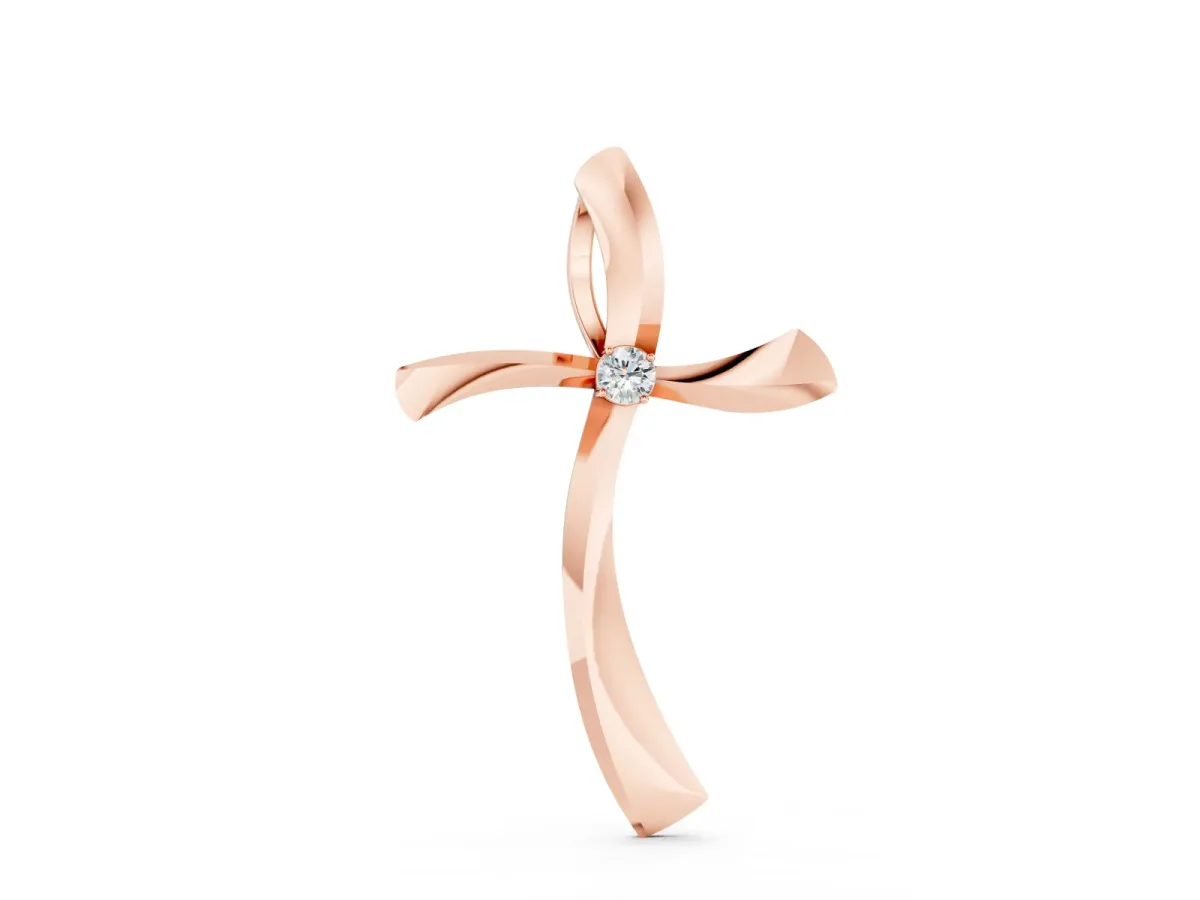 Curved Cross Pendant Set in Rose gold with Bezel-Set Round Diamond