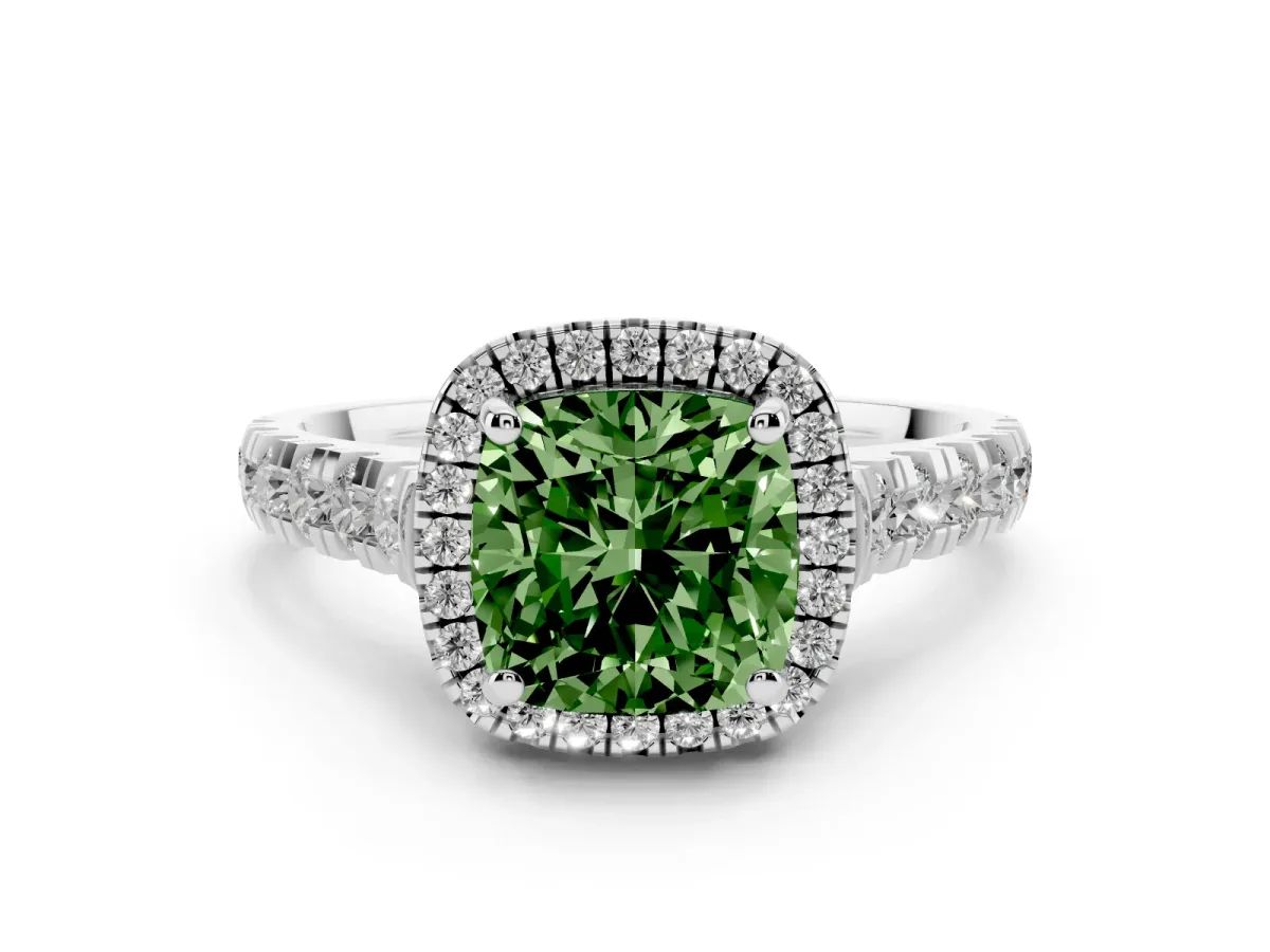 Fancy Green Cushion Cut Diamond Halo Engagement Ring Set in White gold with Pavé Band and Prong-Set Center