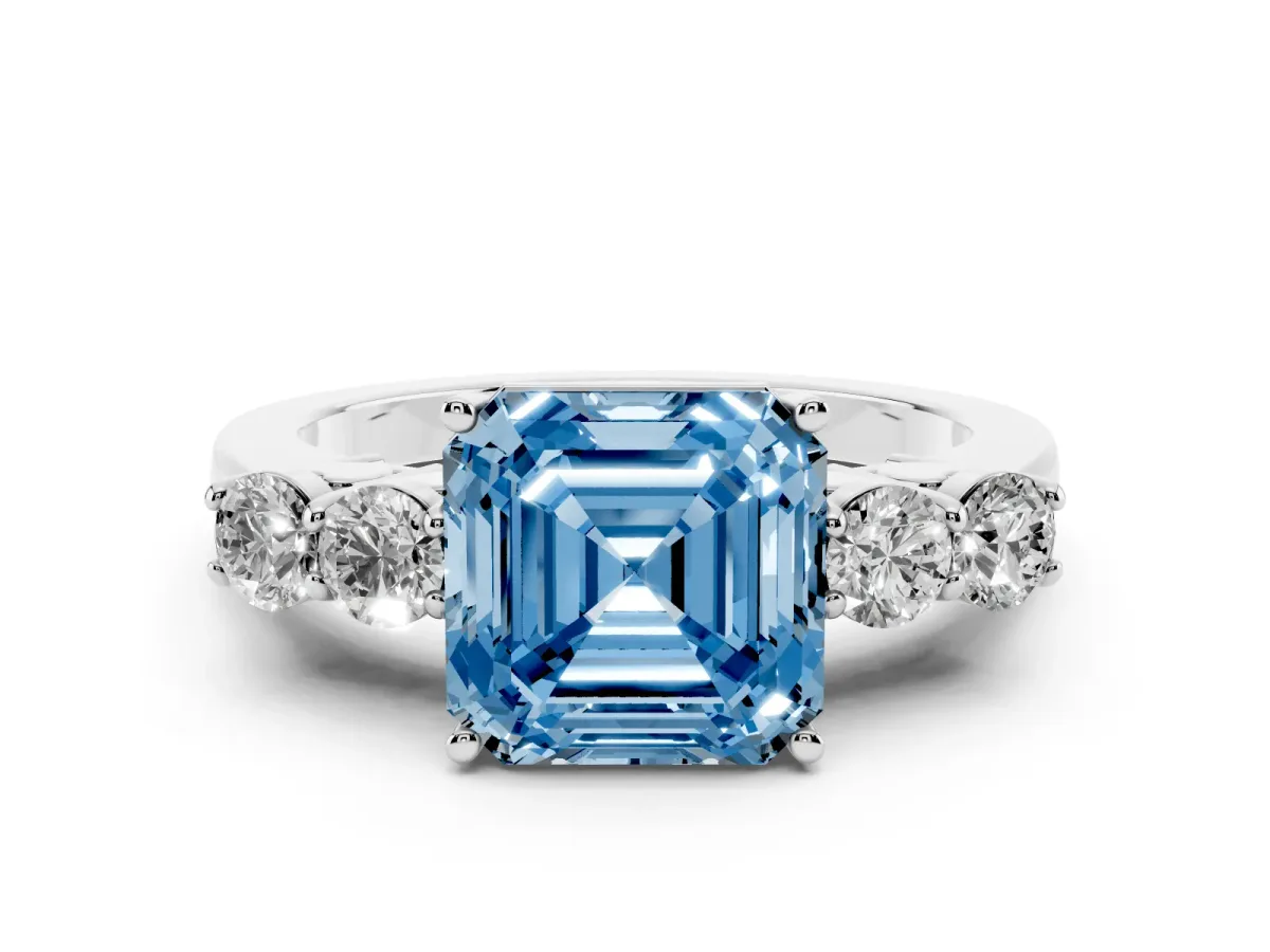 Fancy Blue Asscher Cut Diamond Five-Stone Prong Set Band Ring Set in Platinum with Polished Band