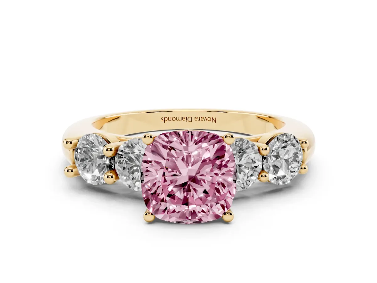 Fancy Pink Cushion Cut Diamond Five-Stone Prong Set Ring Set in Yellow gold with Classic Band