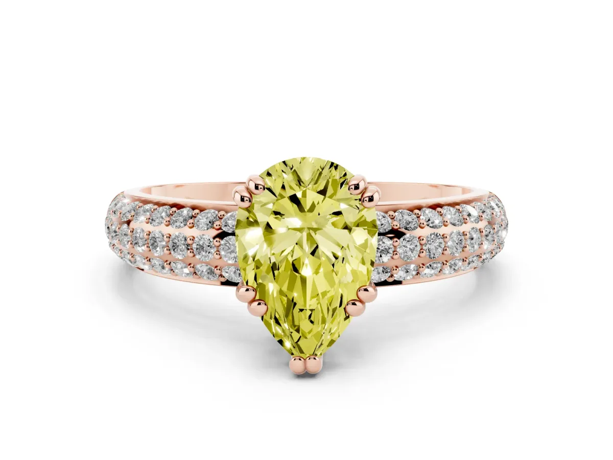 Fancy Yellow Pear Cut Diamond Solitaire Ring Set in Rose gold with Multi-Row Round Pavé Band and Prong Setting