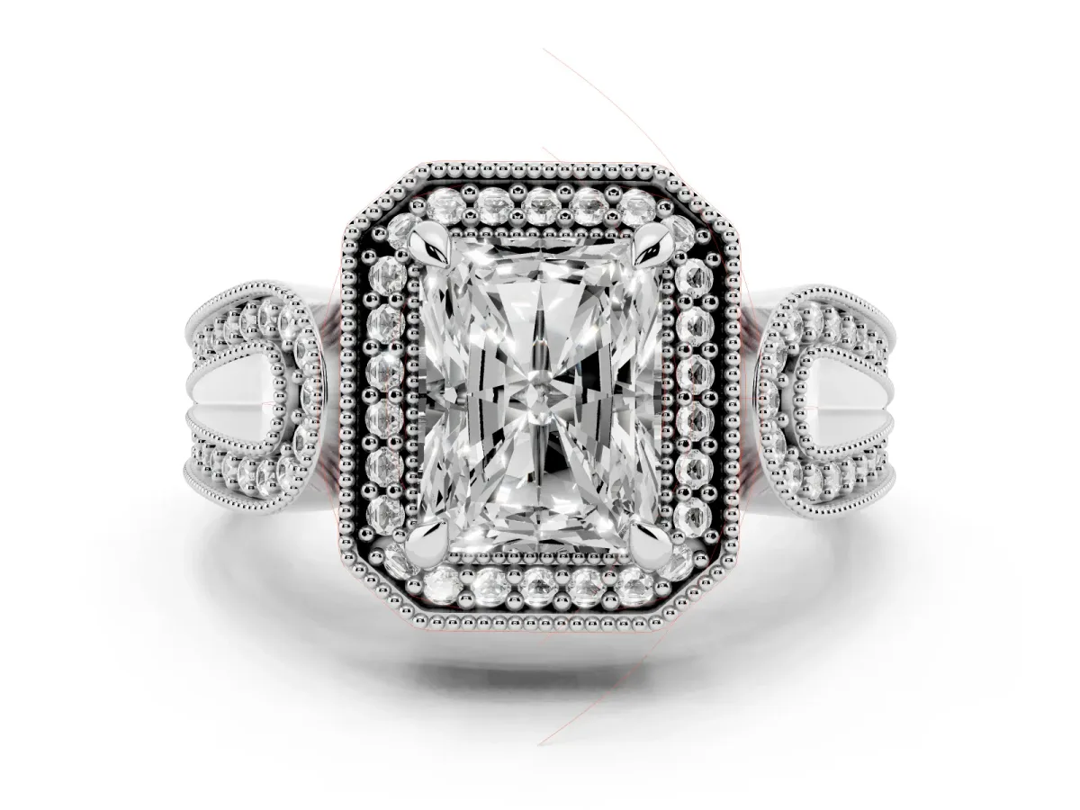 Radiant Cut Diamond Halo Ring Set in White gold with Milgrain Accent Split Shank