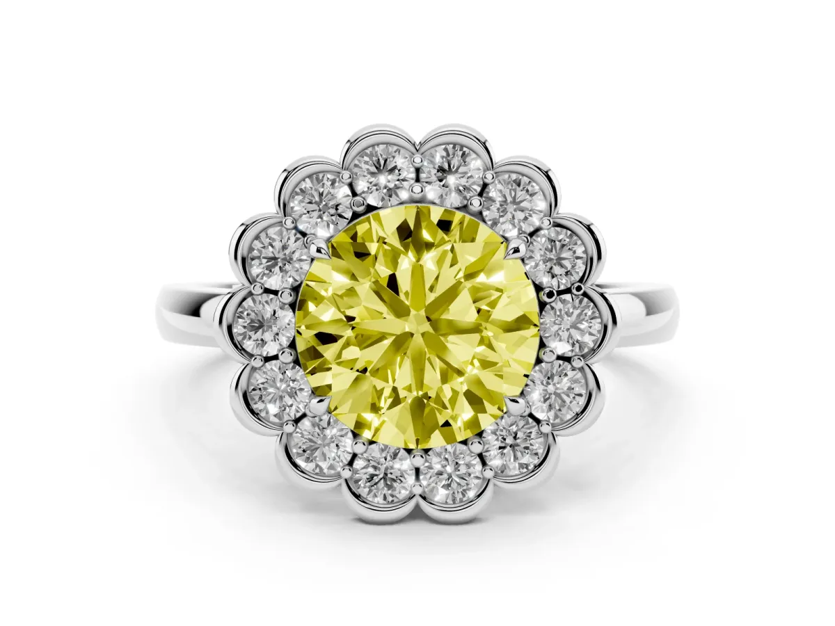 Fancy Yellow Round Cut Diamond Halo Cluster Engagement Ring Set in White gold with Solitaire Band and Prong Setting