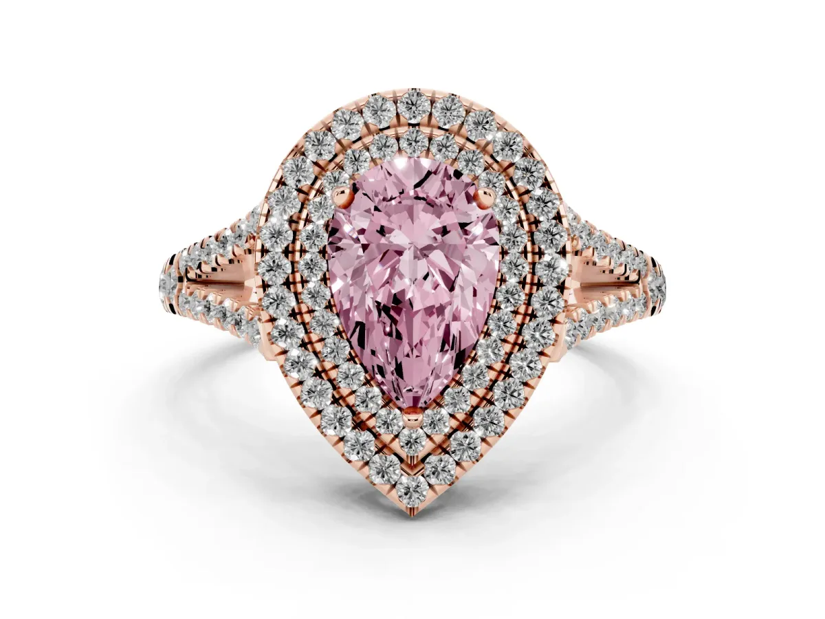 Fancy Pink Pear Cut Diamond Double Halo Ring Set in Rose gold with Pavé Band
