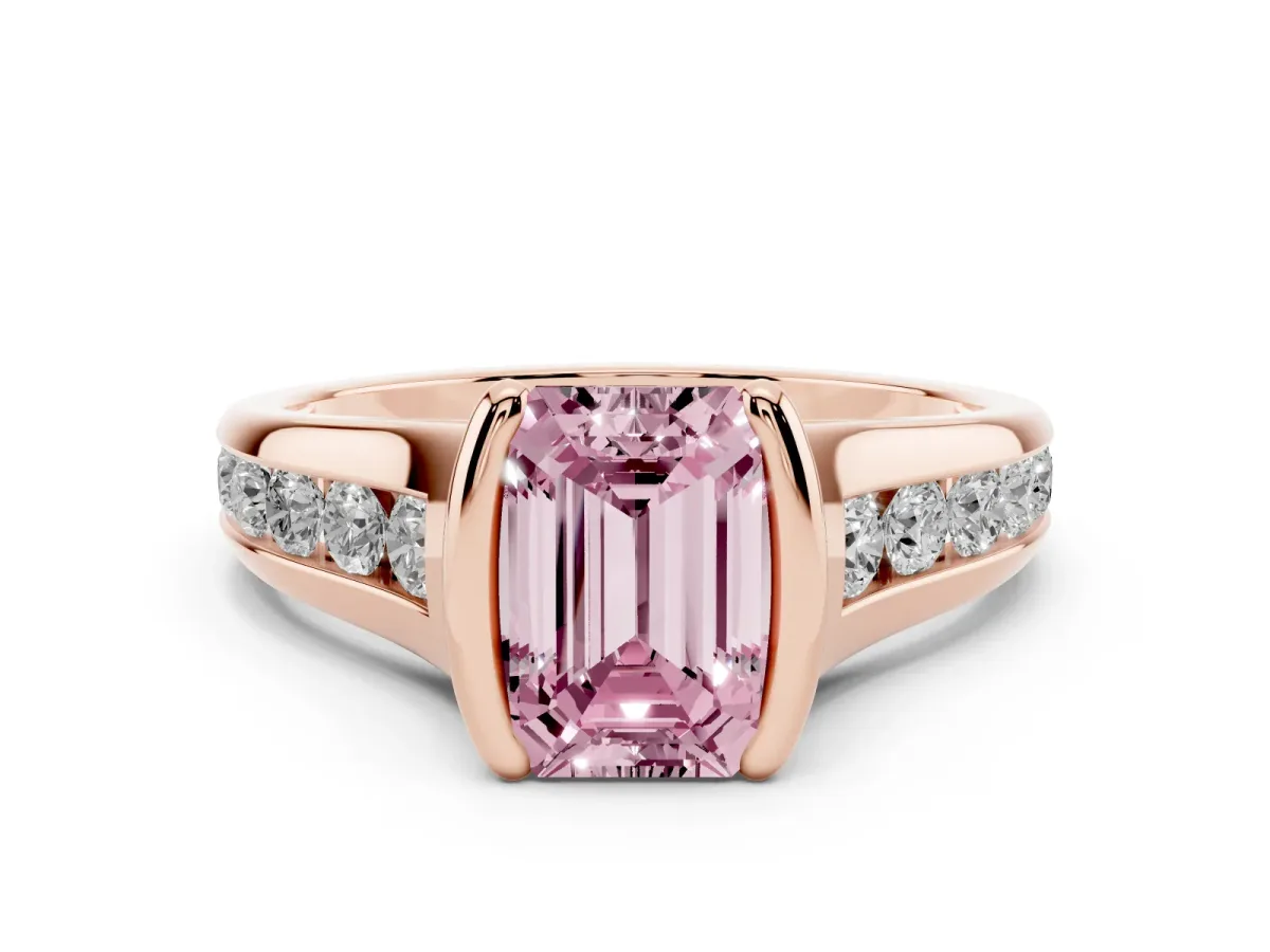 Fancy Pink Emerald Cut Diamond Bezel-Set Solitaire Ring Set in Rose gold with Channel-Set Band