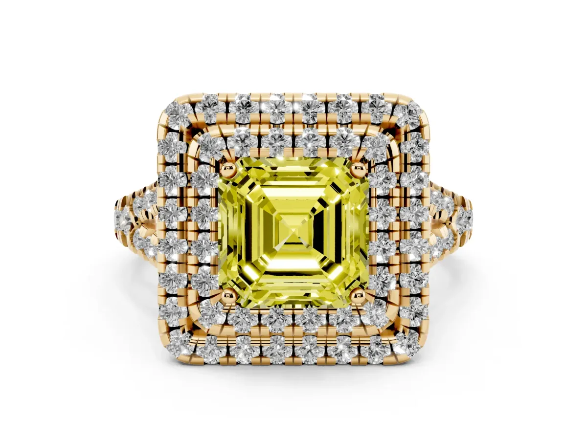 Fancy Yellow Asscher Cut Diamond Double Halo Ring Set in Yellow gold with Pavé Split Shank and Prong Setting