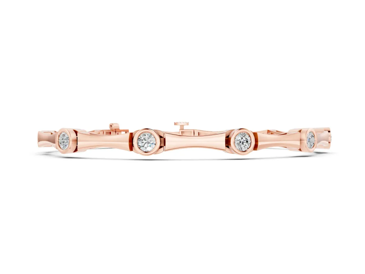 Round Diamond Bezel-Set Bamboo Link Bracelet Set in Rose gold
