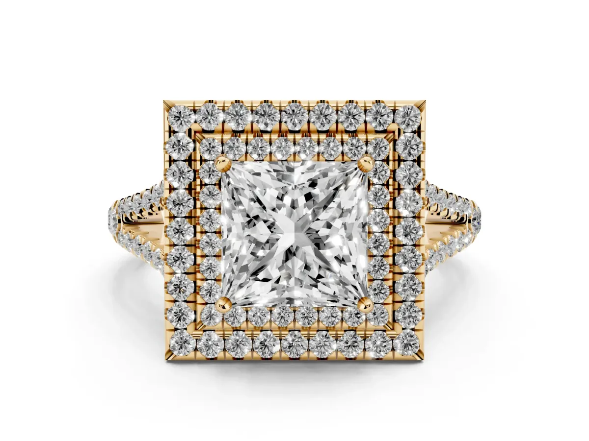 Princess Cut Diamond Double Halo Ring Set in Yellow gold with Pavé Band