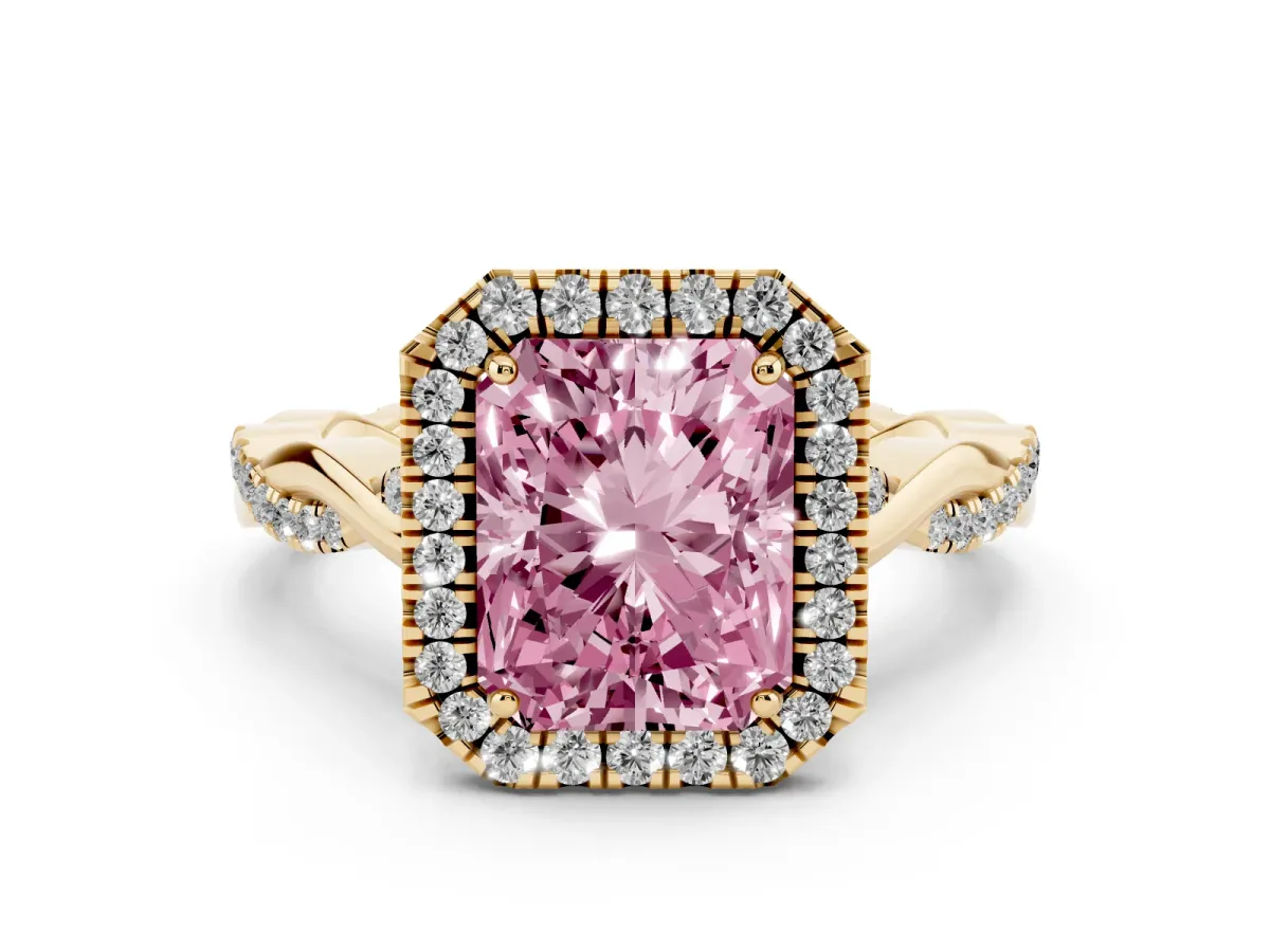 Fancy Pink Radiant Cut Diamond Halo Twist Band Solitaire Ring Set in Yellow gold with Prong Setting