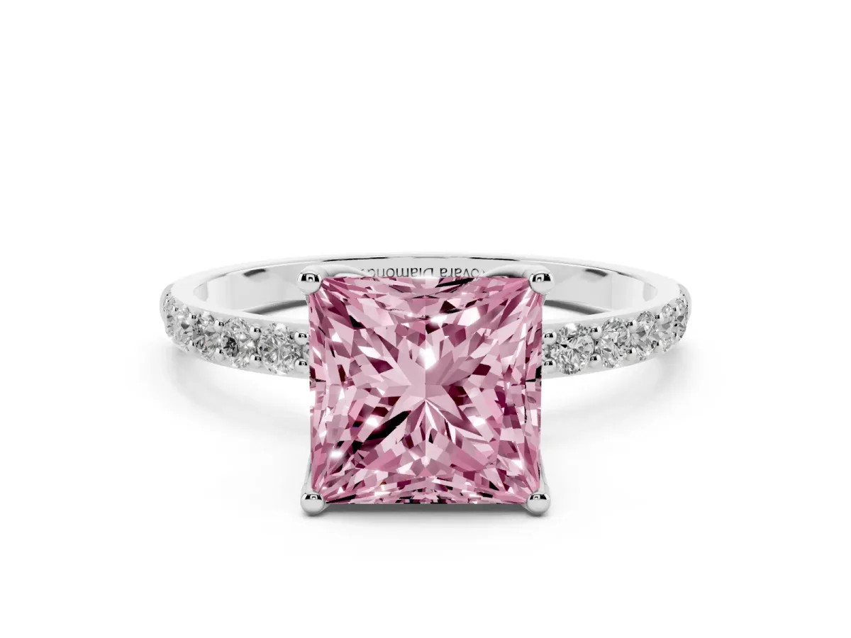 Fancy Pink Princess Cut Diamond Solitaire Engagement Ring Set in Platinum with Round Pavé Band and Prong Setting