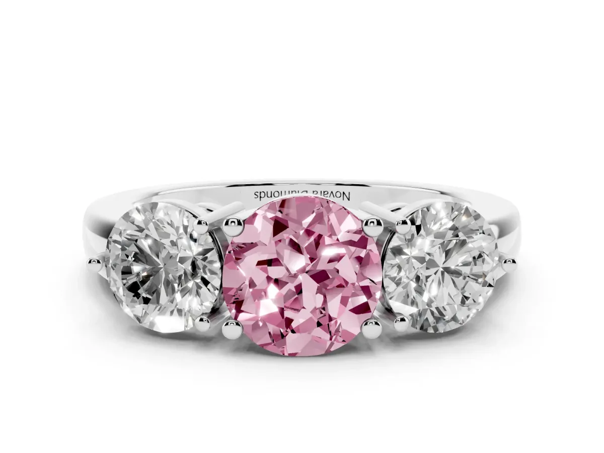 Fancy Pink Round Cut Diamond Three-Stone Ring Set in Silver with Prong Setting and Plain Band