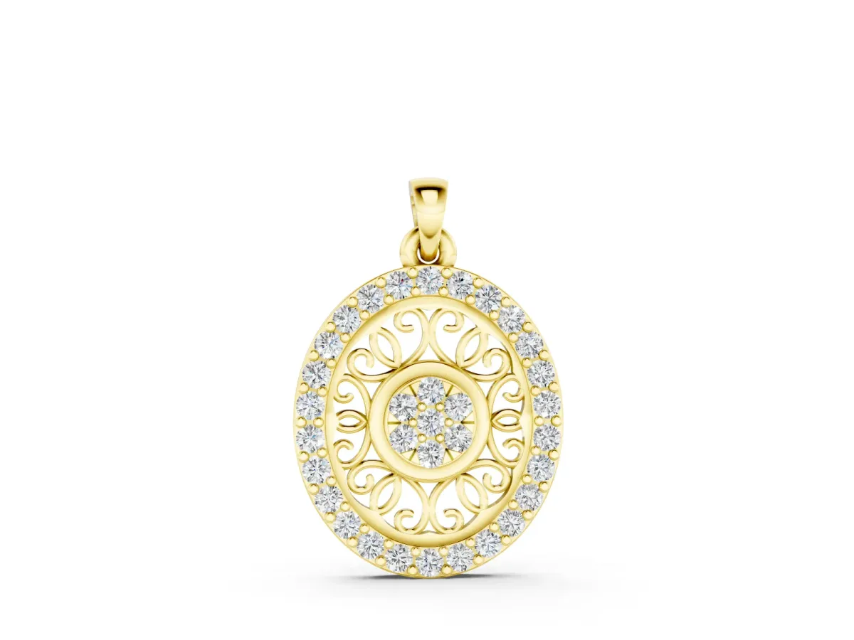 Round Halo Filigree Pendant Set in Yellow gold with Pavé Halo