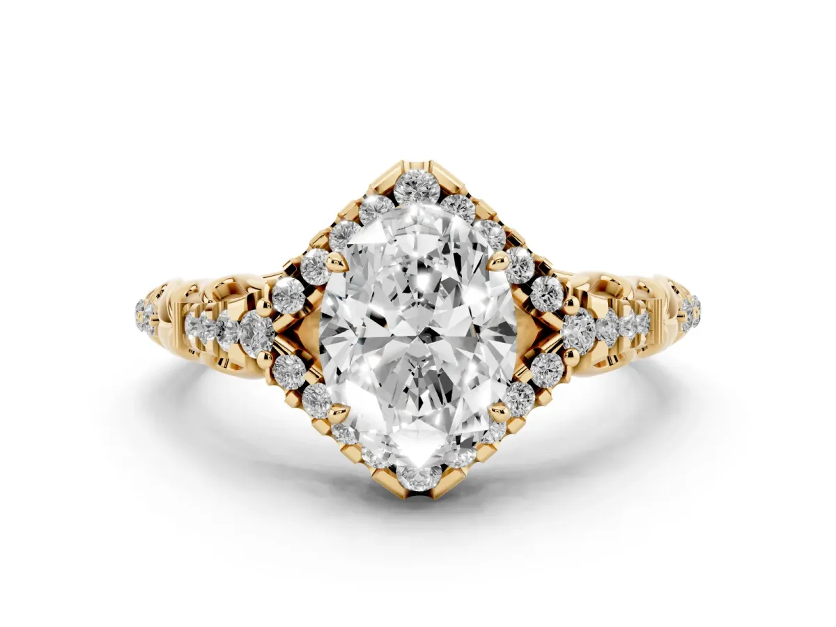 Oval Cut Diamond Solitaire Ring Set in Yellow gold with Hidden Halo and Pavé Band