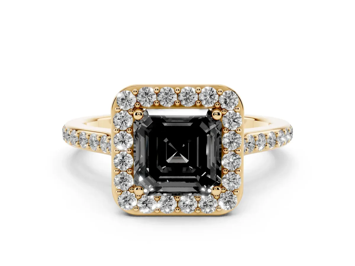 Fancy Black Asscher Cut Diamond Halo Engagement Ring Set in Yellow gold with Round Pavé Shoulders and Heart Gallery