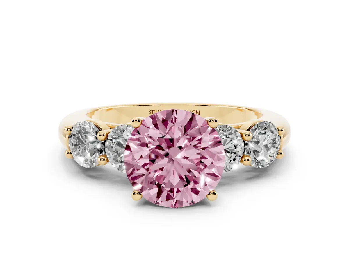 Fancy Pink Round Cut Diamond Five-Stone Prong Set Ring Set in Yellow gold with Classic Band
