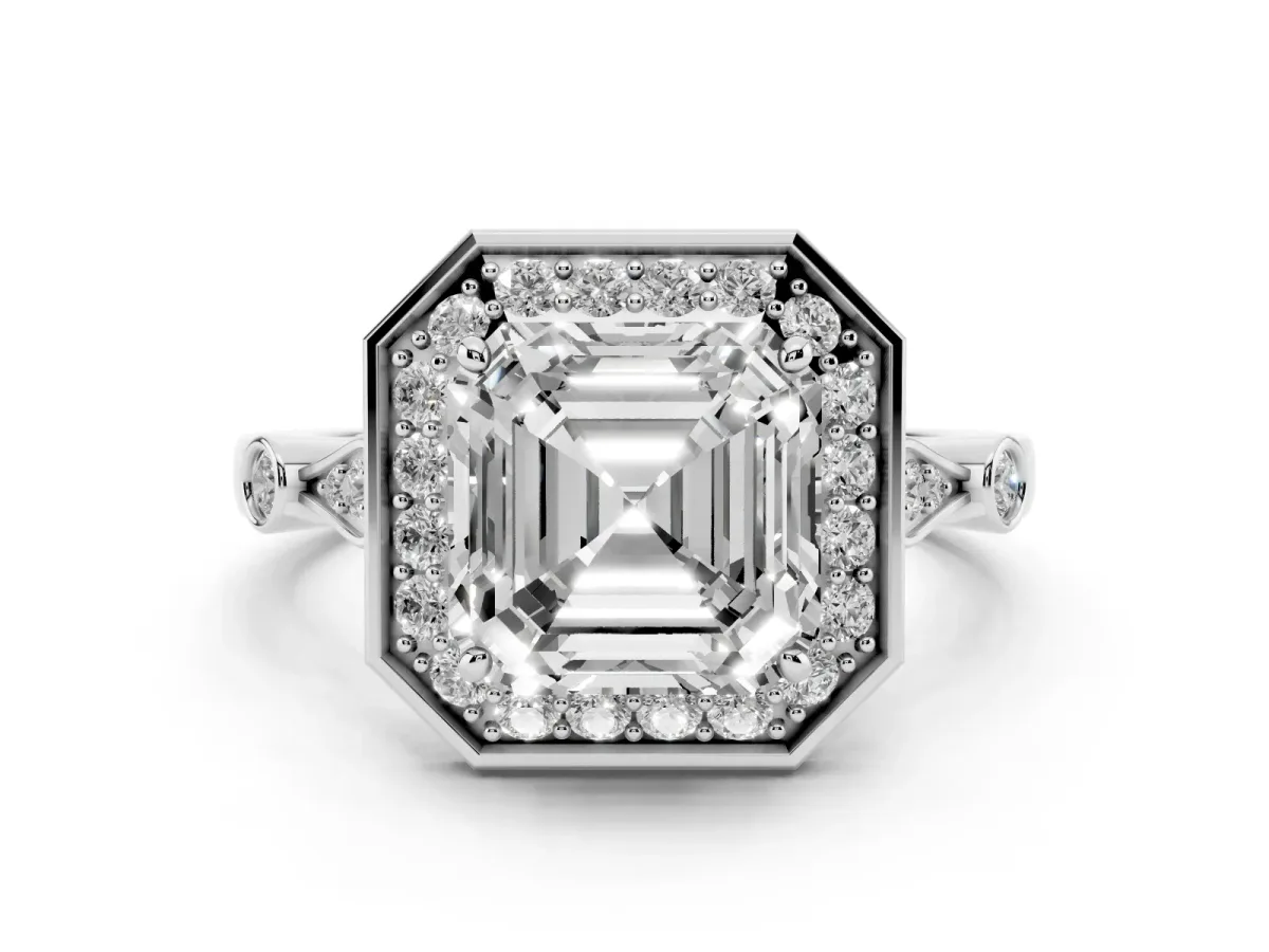Asscher Cut Diamond Halo Engagement Ring Set in White gold with Twisted Band and Prong Setting