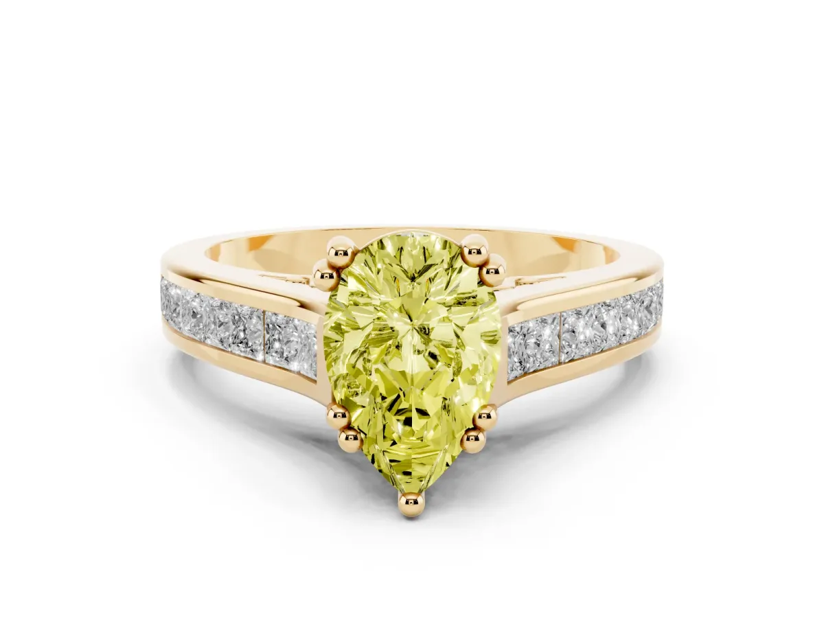 Fancy Yellow Pear Cut Diamond Channel Set Solitaire Engagement Ring Set in Yellow gold with Prong Setting