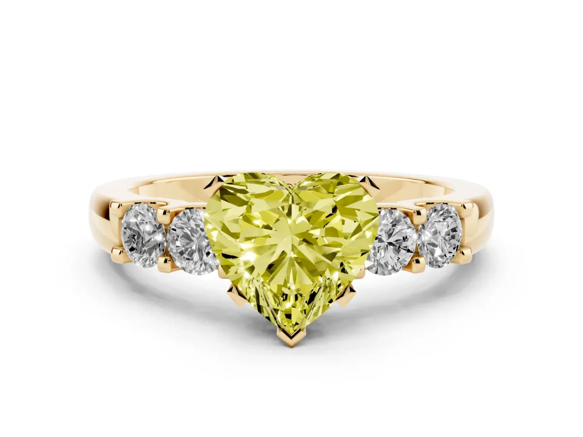 Fancy Yellow Heart Cut Diamond Five-Stone Prong Set Engagement Ring Set in Yellow gold with Channel Band