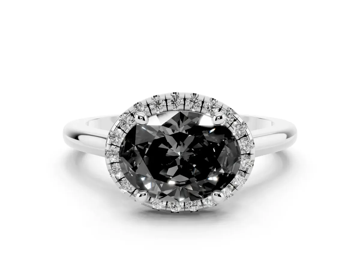 Fancy Black Oval Cut Diamond Halo Engagement Ring Set in Silver with Pavé Band and Rising Shoulders