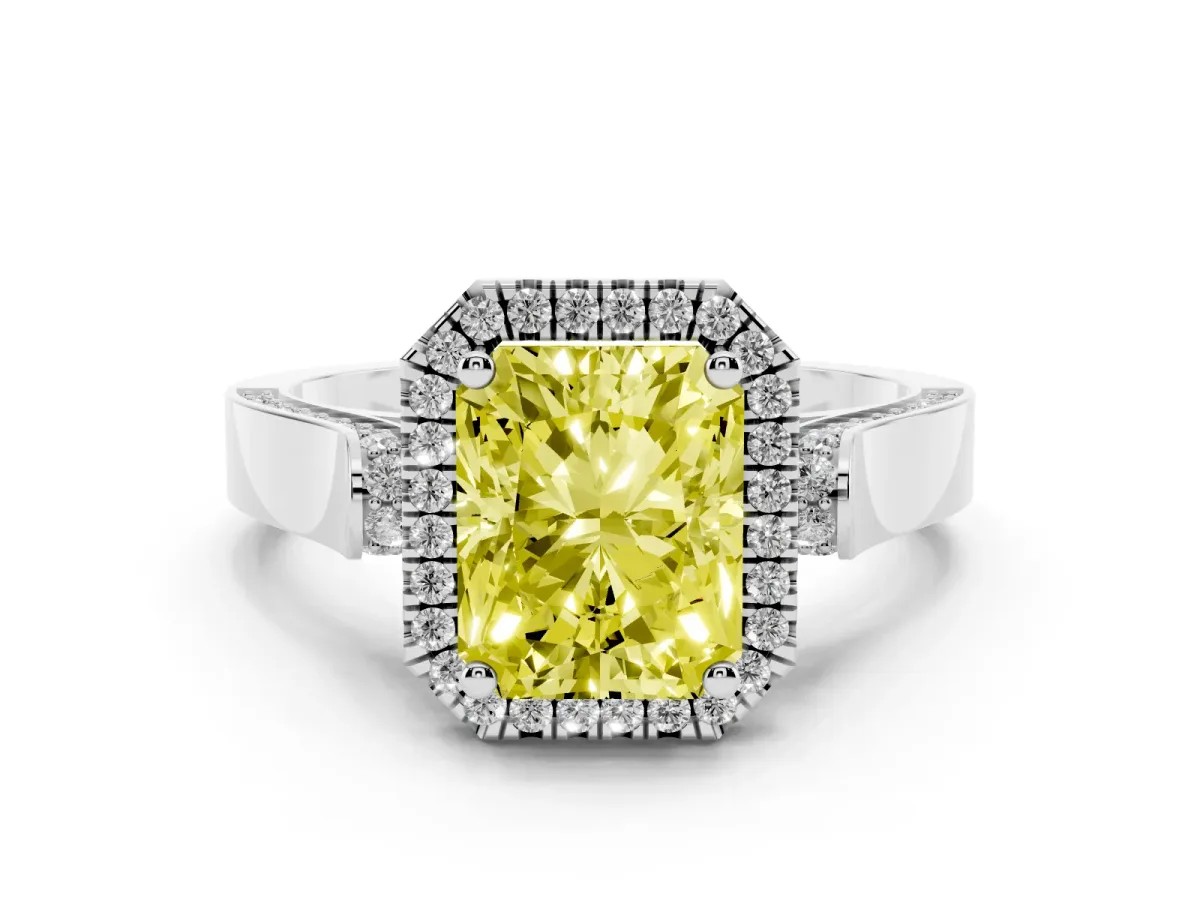 Fancy Yellow Radiant Cut Diamond Halo Ring Set in Silver with Pavé-Lined Split Shank Band