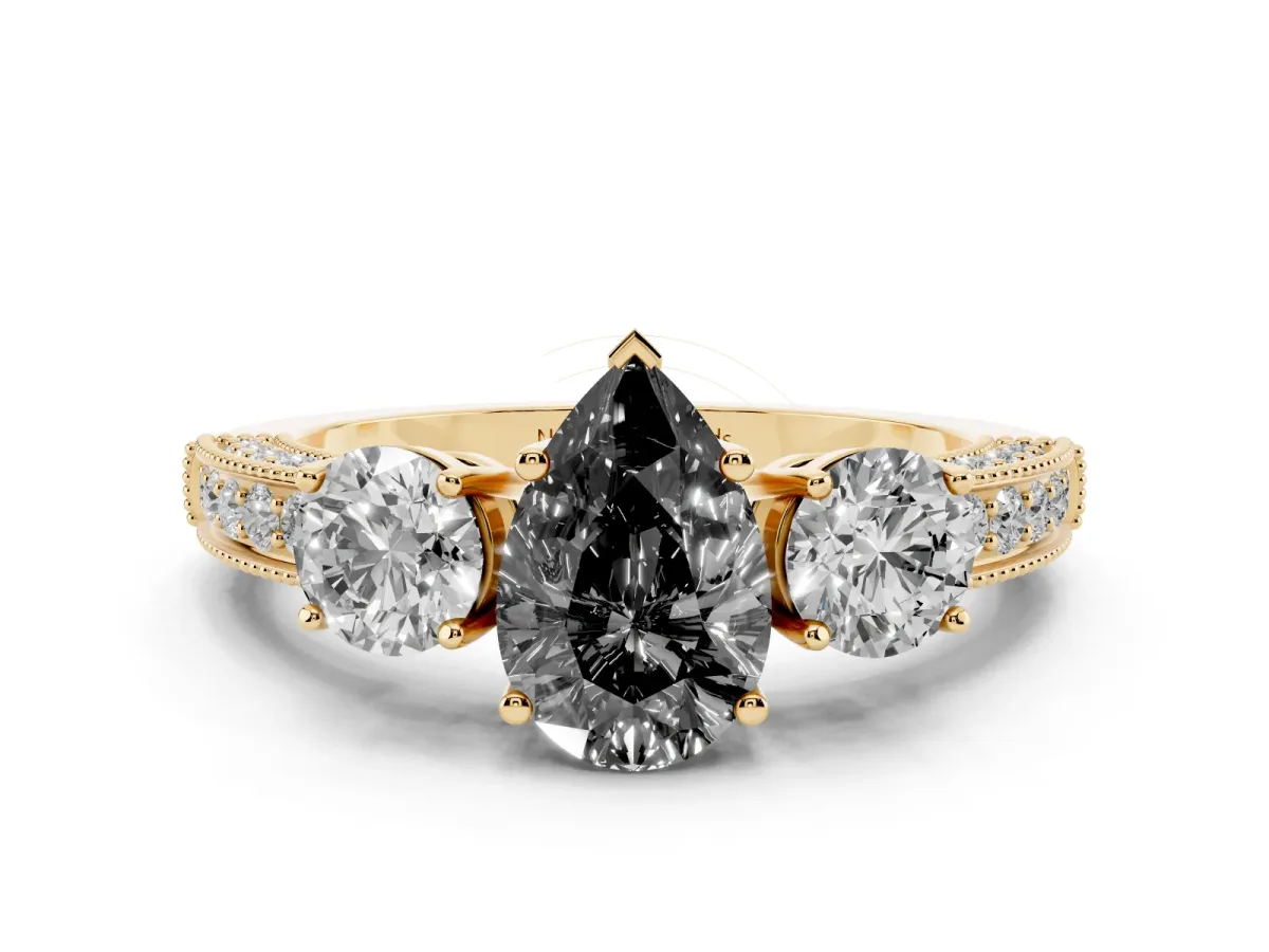 Fancy Black Pear Cut Diamond Three-Stone Ring Set in Yellow gold with Round Side Stones and Pavé Band