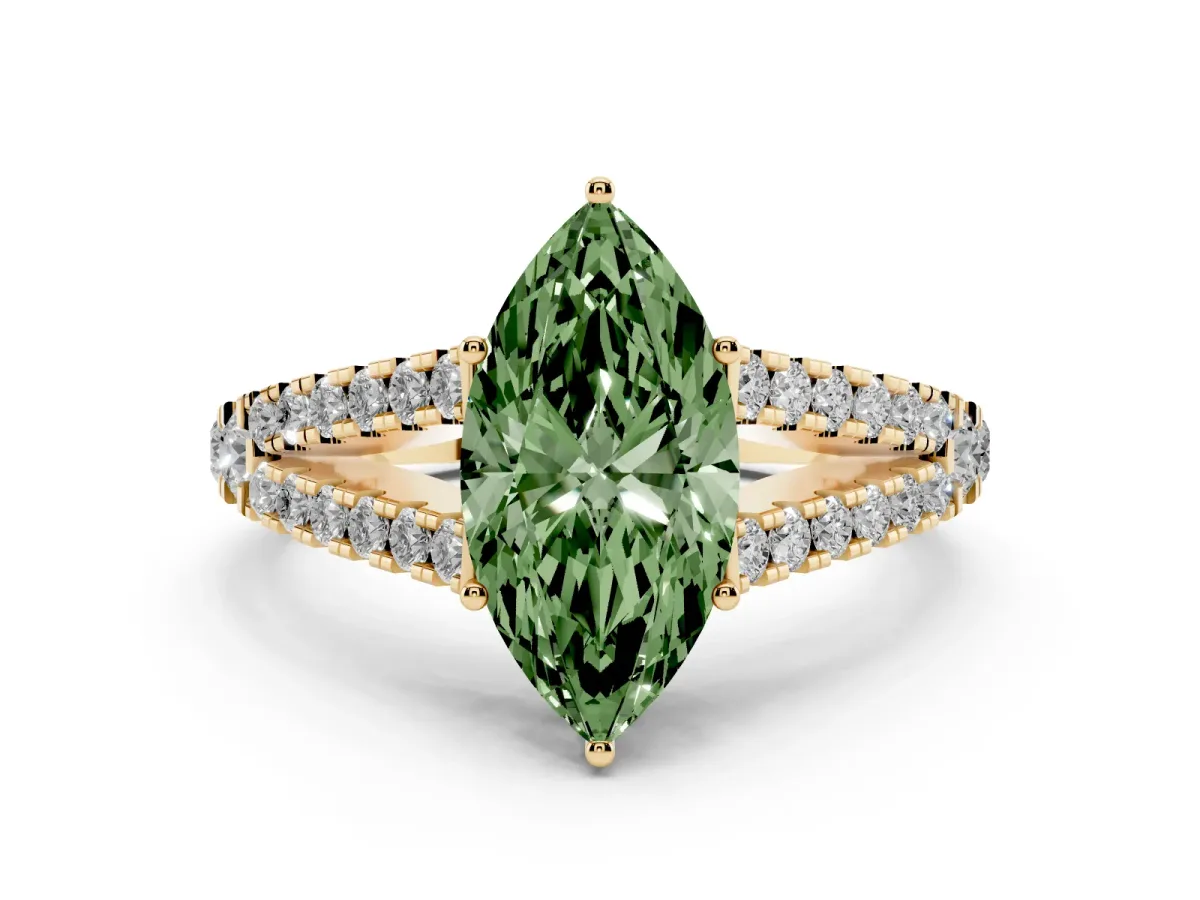 Fancy Green Marquise Cut Diamond Split Shank Pavé Engagement Ring Set in Yellow gold with Prong-Held Center Stone