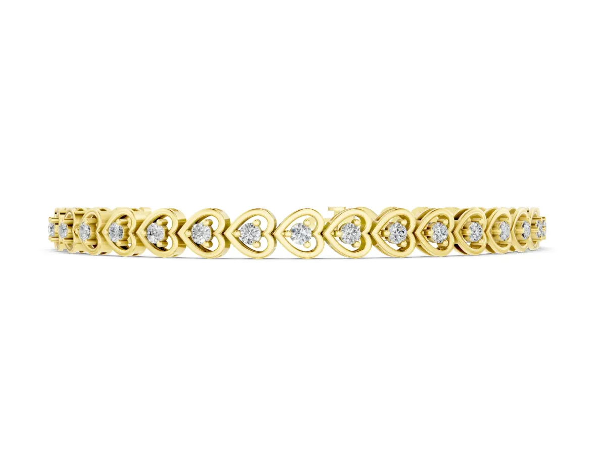 Heart Shape Diamond Tennis Bracelet Set in Yellow gold with Channel Setting and Prong-Set Stones