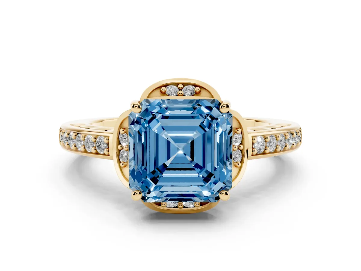 Fancy Blue Asscher Cut Diamond Halo Ring Set in Yellow gold with Channel Set Band and Prong Setting