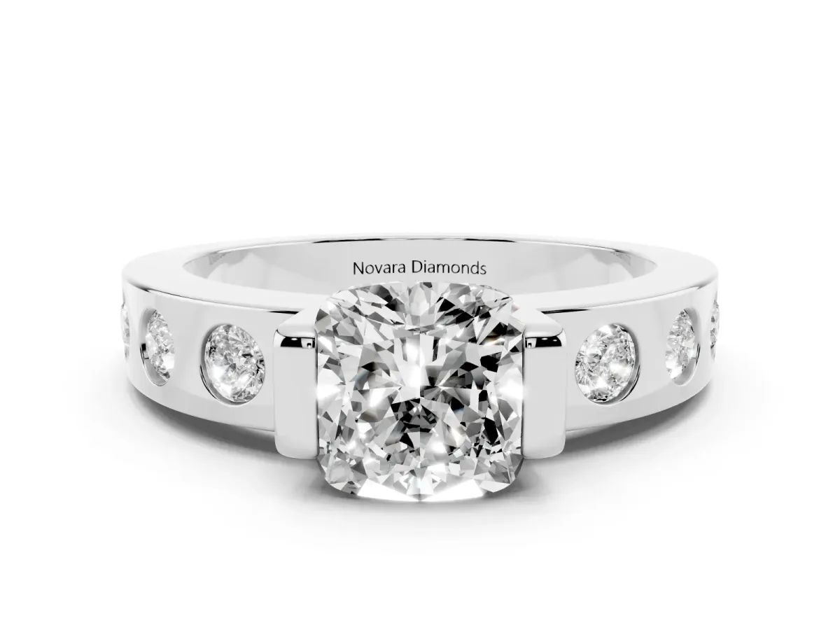 Cushion Cut Diamond Channel-Set Band Ring Set in Silver with Bezel Prong Setting