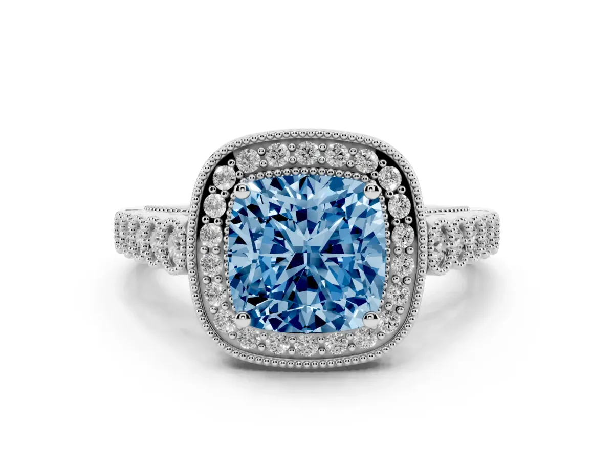 Fancy Blue Cushion Cut Diamond Milgrain Halo Solitaire Ring Set in Silver with Bezel Set Side Stones and Pavé Band