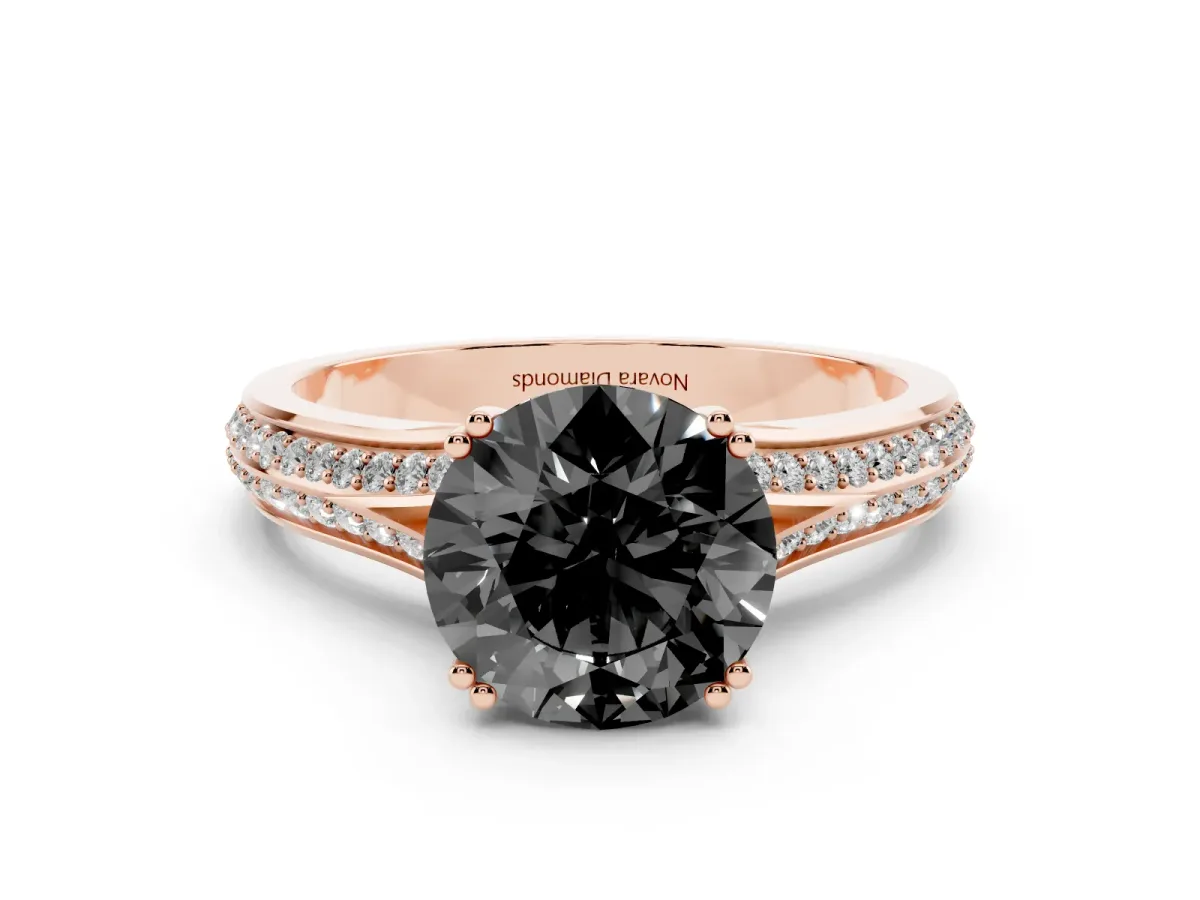 Fancy Black Round Cut Diamond Split Shank Pavé Engagement Ring Set in Rose gold with Prong-Set Center Stone
