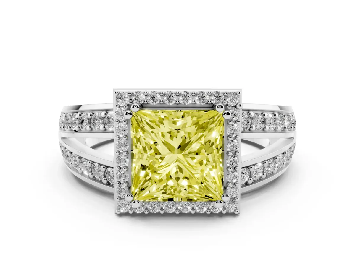 Fancy Yellow Princess Cut Diamond Halo Ring Set in White gold with Double Pavé Split Shank