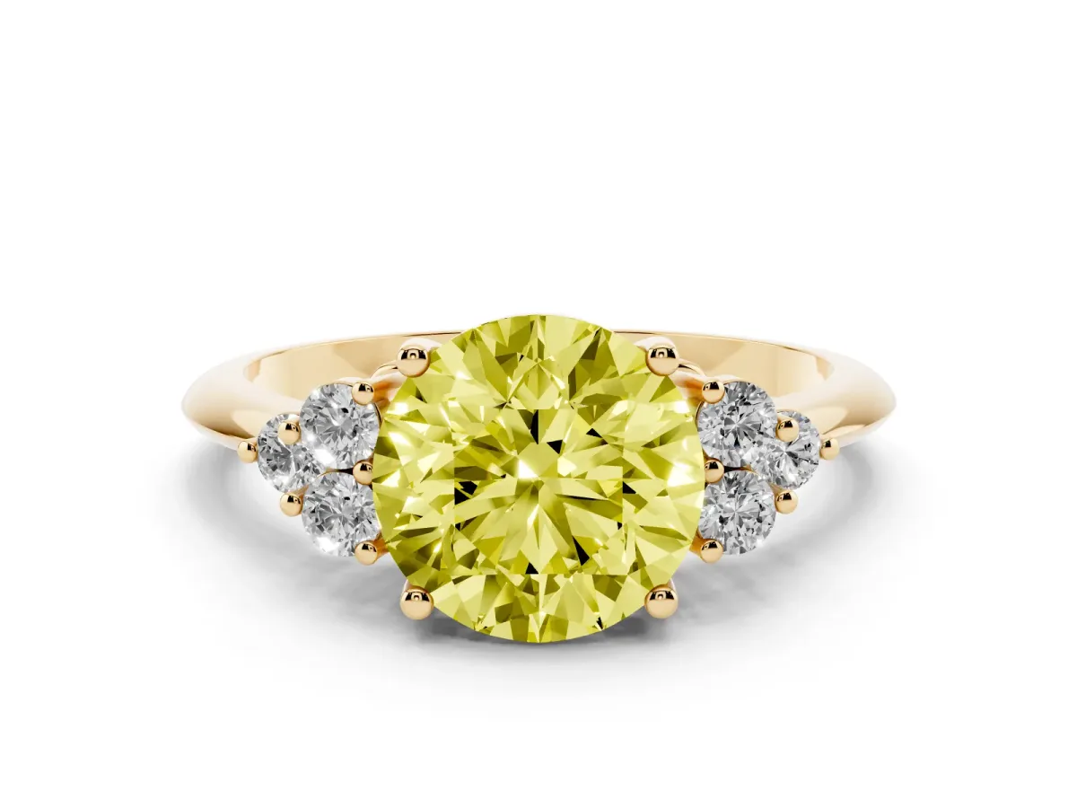 Fancy Yellow Round Cut Diamond Cluster Ring Set in Yellow gold with Plain Band and Prong Setting