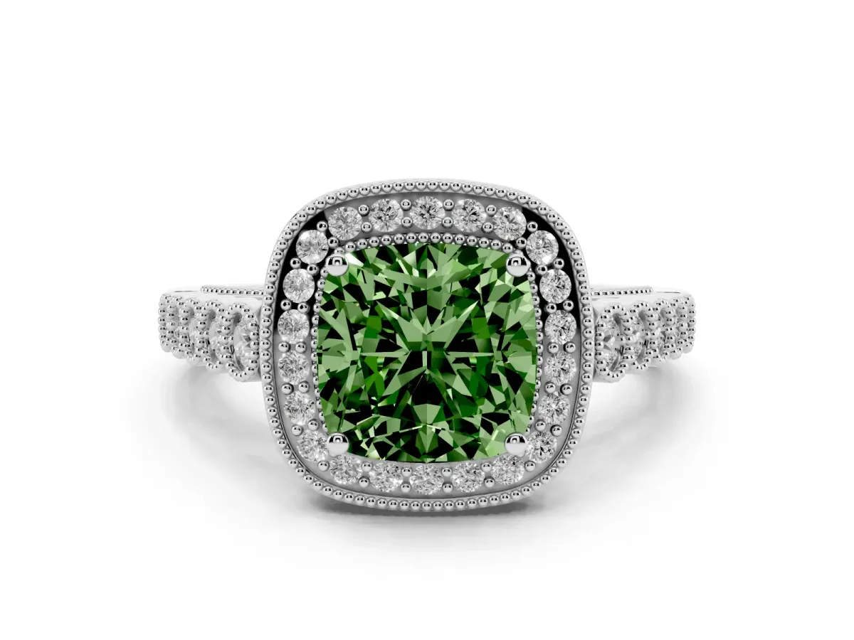 Fancy Green Cushion Cut Diamond Milgrain Halo Solitaire Ring Set in Platinum with Bezel Set Side Stones and Pavé Band