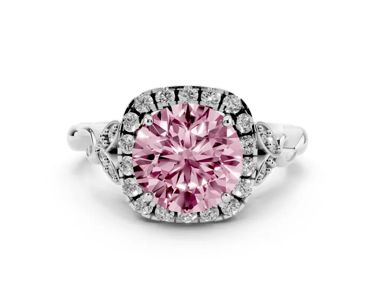 Fancy Pink Round Cut Diamond Halo Engagement Ring Set in White gold with Vintage-Inspired Band and Prong Setting
