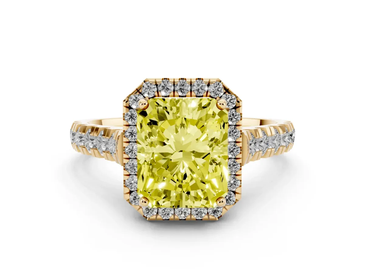 Fancy Yellow Radiant Cut Diamond Halo Engagement Ring Set in Yellow gold with Pavé Band and Prong-Set Center