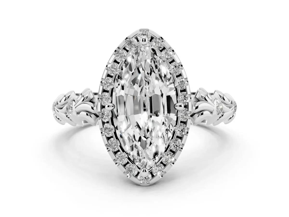 Marquise Cut Diamond Halo Ring Set in Silver with Filigree Leaf Band and Prong Setting