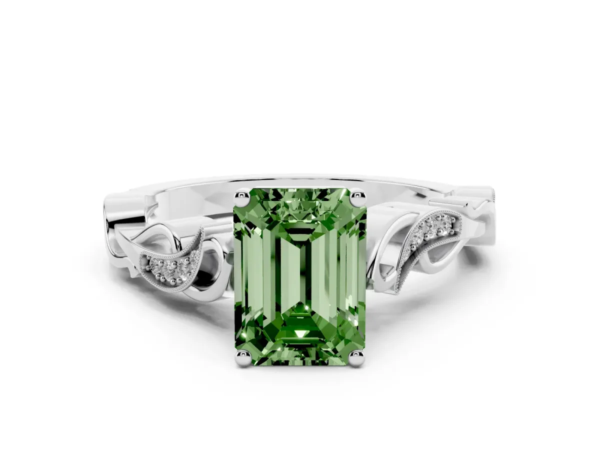 Fancy Green Emerald Cut Diamond Vine Band Solitaire Ring Set in Silver with Milgrain Prong Setting