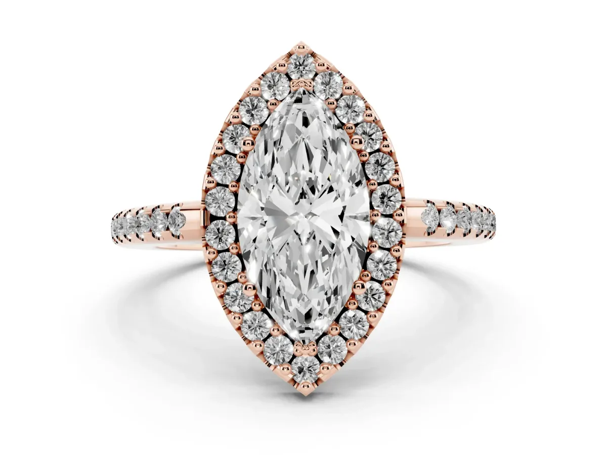 Marquise Cut Diamond Pavé Halo Ring Set in Rose gold with Prong Setting